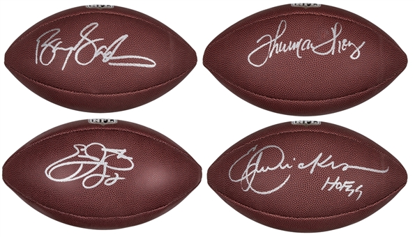 Lot of (4) Hall of Fame Running Backs Single Signed Wilson Footballs: Sanders, Thomas, Smith, Dickerson (Schwartz)